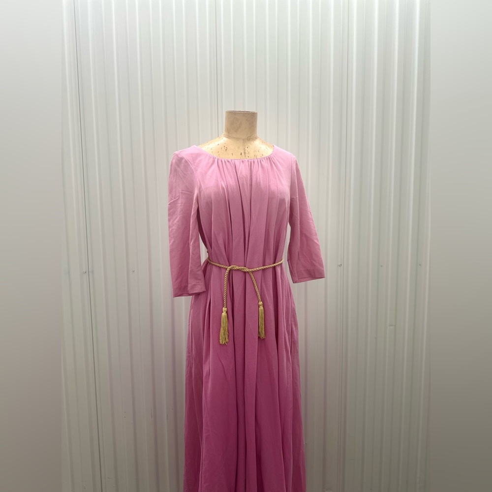 vintage 60s / 70s pink maxi hostess robe gown with Gold tasseled belt